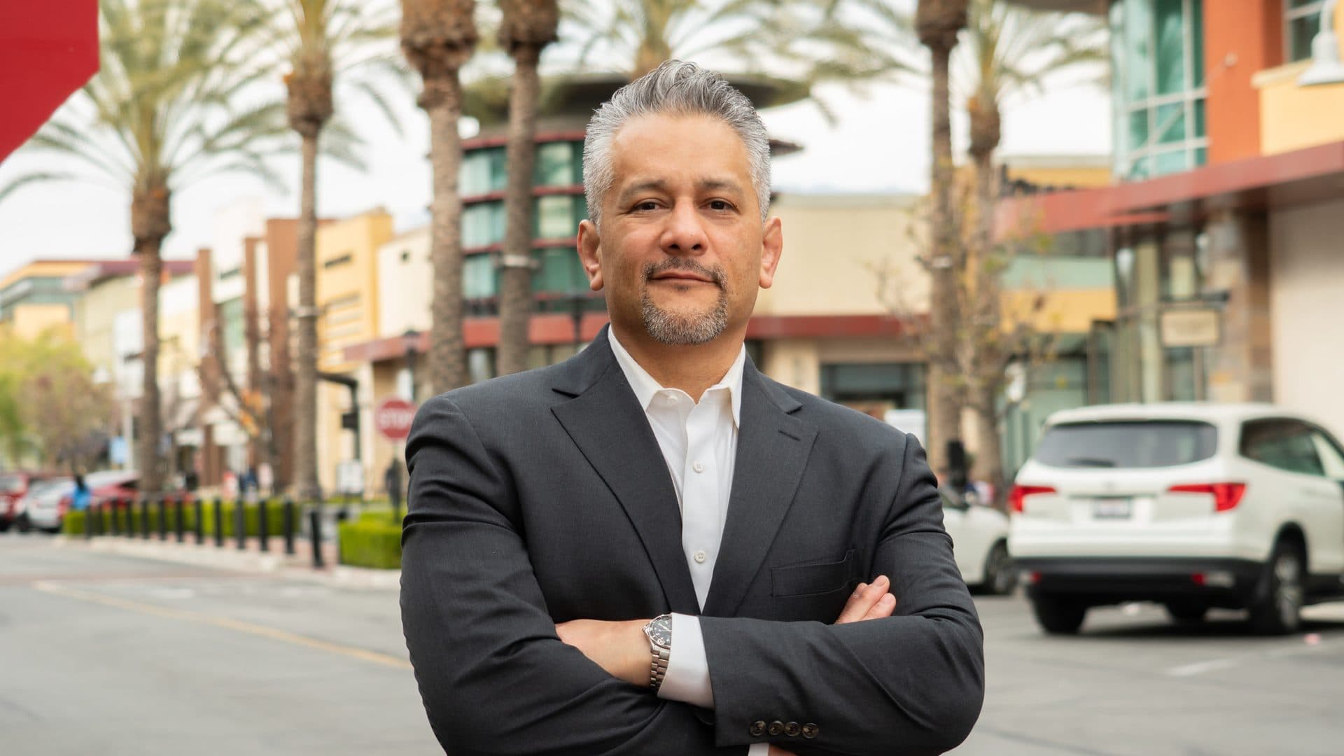 Mike Velez, broker-owner of BLDG Realty, on the Chino Hills retail promenade